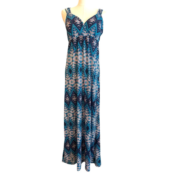 Boho Maxi Dress Small Blue Babydoll Strappy Racerback Festival Hippie Maximalist - Picture 1 of 11
